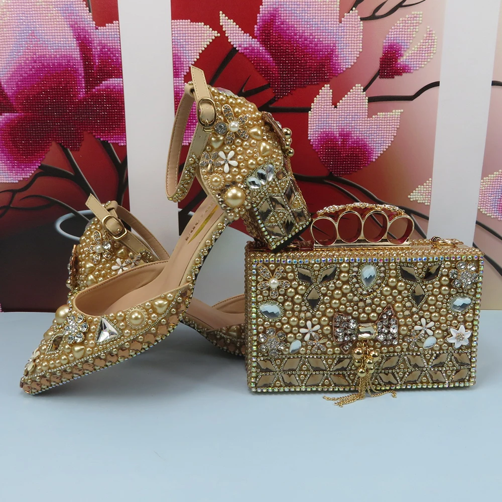 2023 new luxury Champagne Gold crystal wedding shoe and bag female thick heel high heel sandals ladies party pointed shoe bag