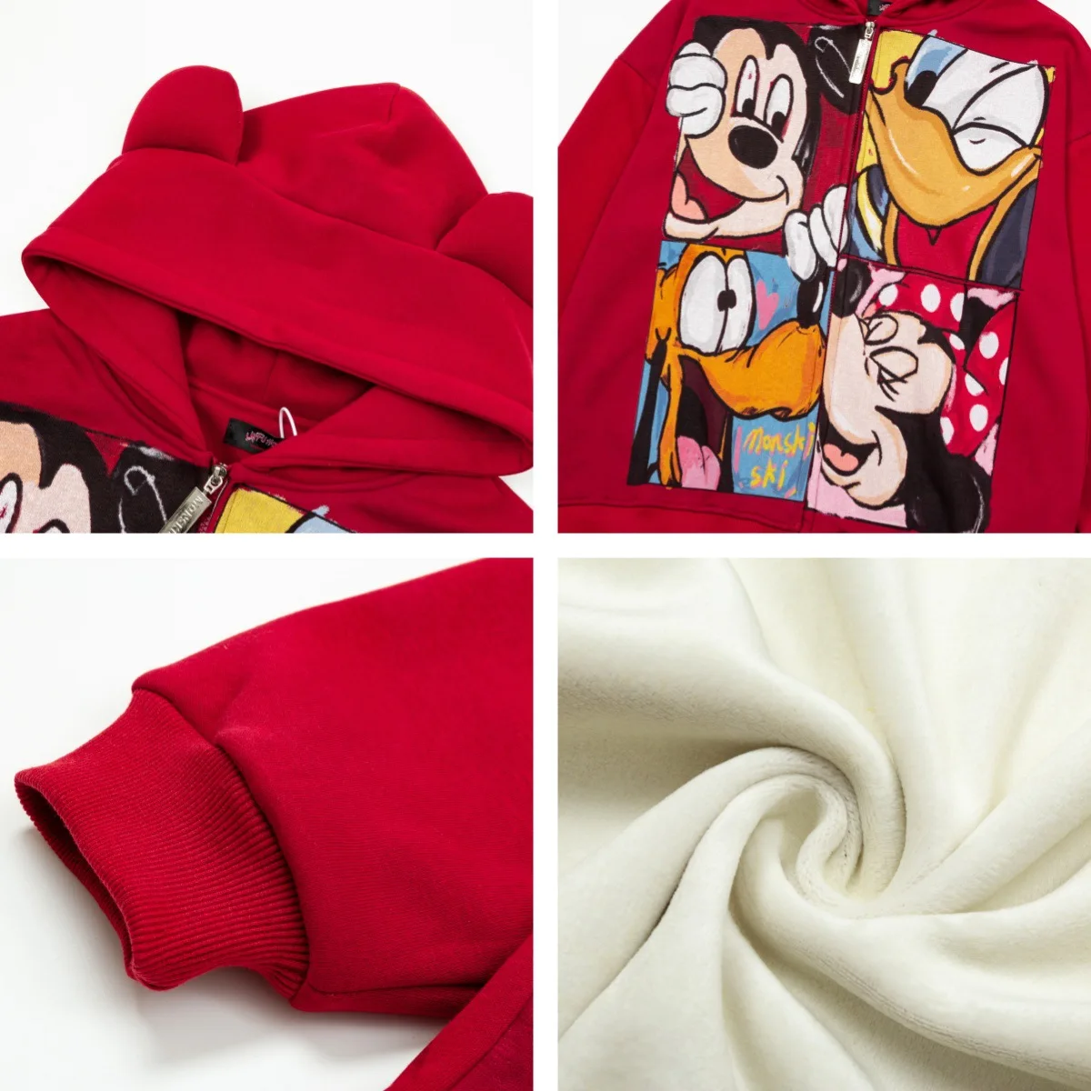 American Retro Cartoon Print 3d Ears Hooded Fleece Sweater Men's and Women's Autumn and Winter Loose Versatile Zip Jacket