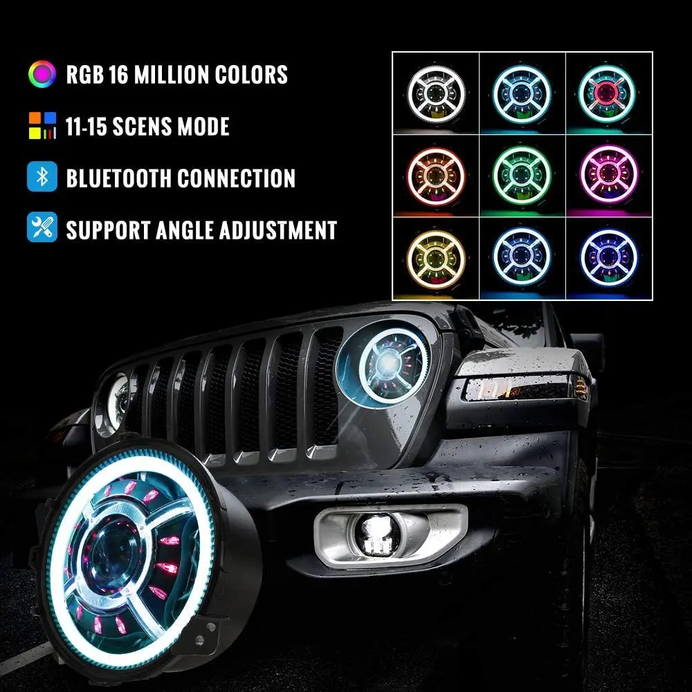 9 inch Car Headlight Assembly with RGB Halo Led Projector Headlight High Low Beam DRL for Jeep Gladiator JT Wrangler JL 2018 Up