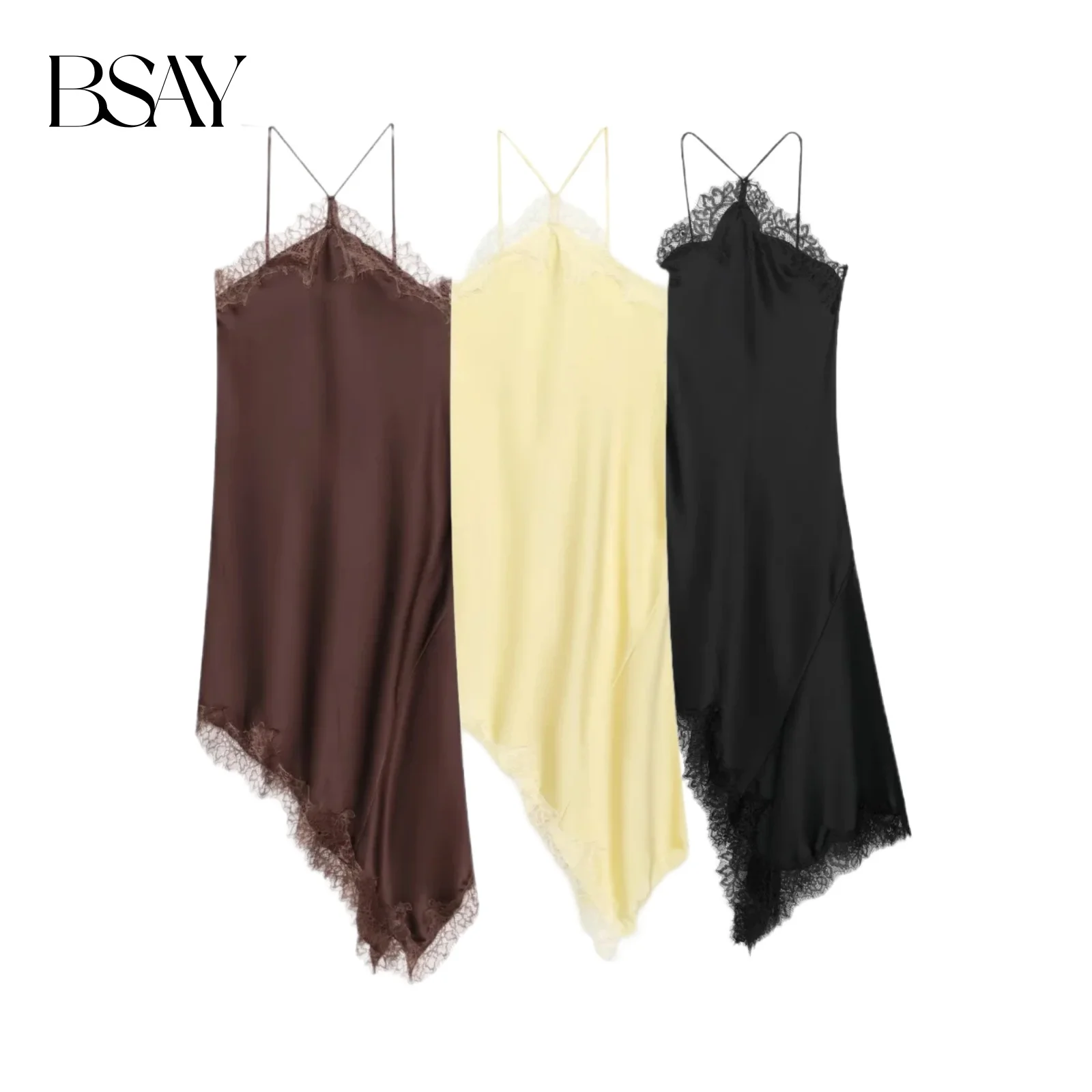 BSAY 2025 Summer New Product Women's Lace Decorative Satin Texture Strap Sexy Dress with Hanging Neck and Asymmetric Bottom