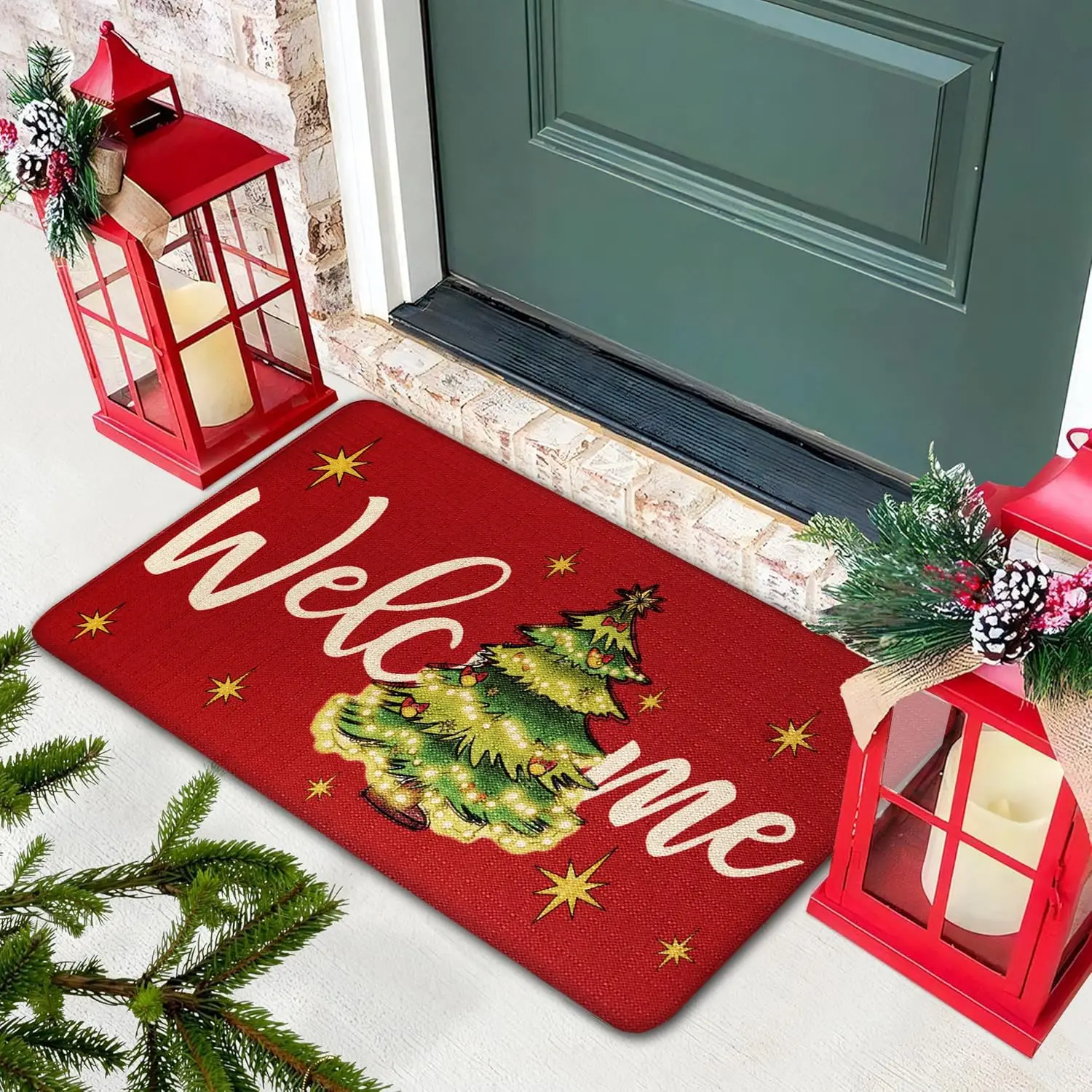 Red Christmas Tree Door mat, Winter Decor Non Slip Rubber Entry Doormat, Christmas Tree Welcome Doormats, Outdoor Christmas mats