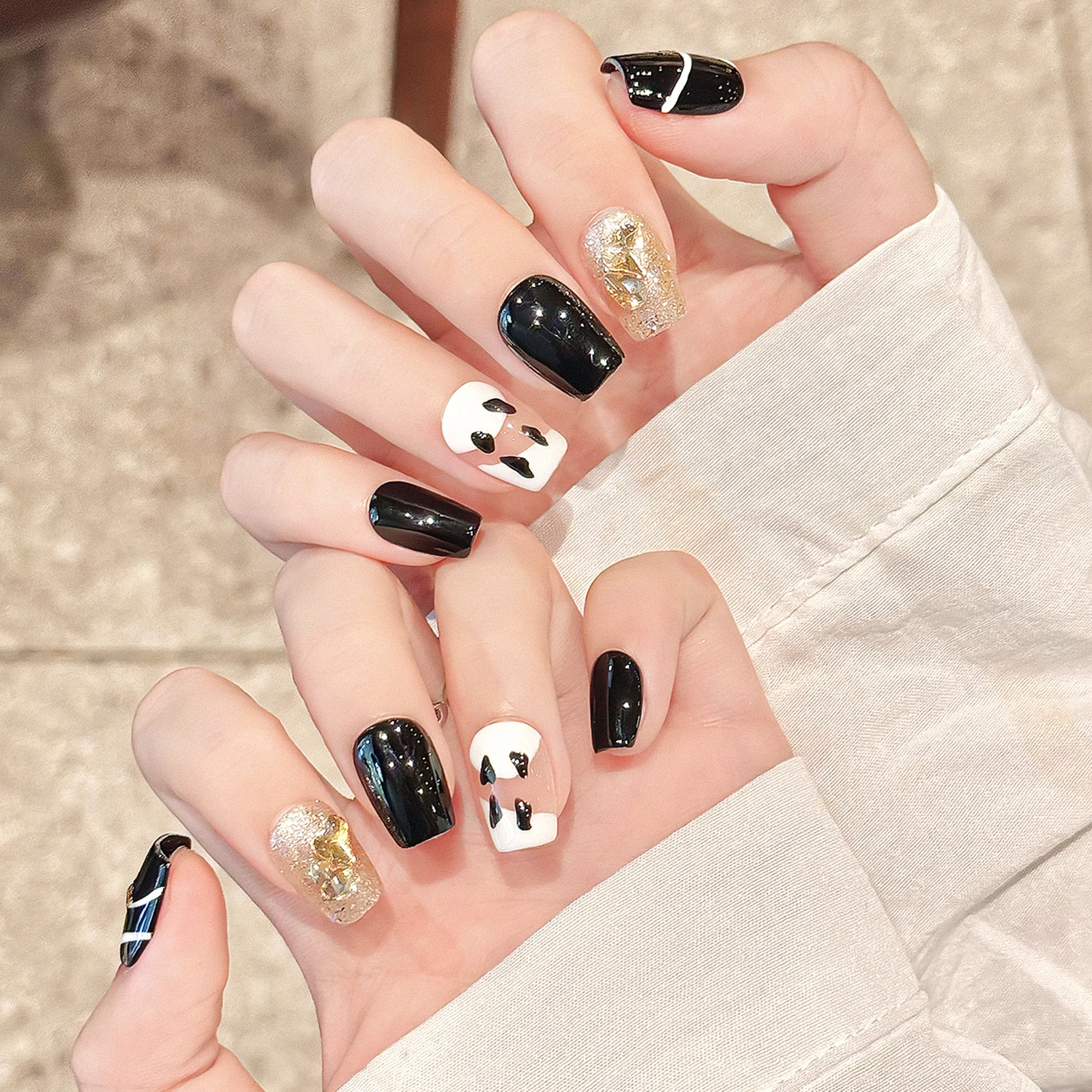 10 pçs imprensa em unhas acrílicas preto unhas falsas com champanhe diamante decoração caixão curto outono artesanal unhas falsas wearable