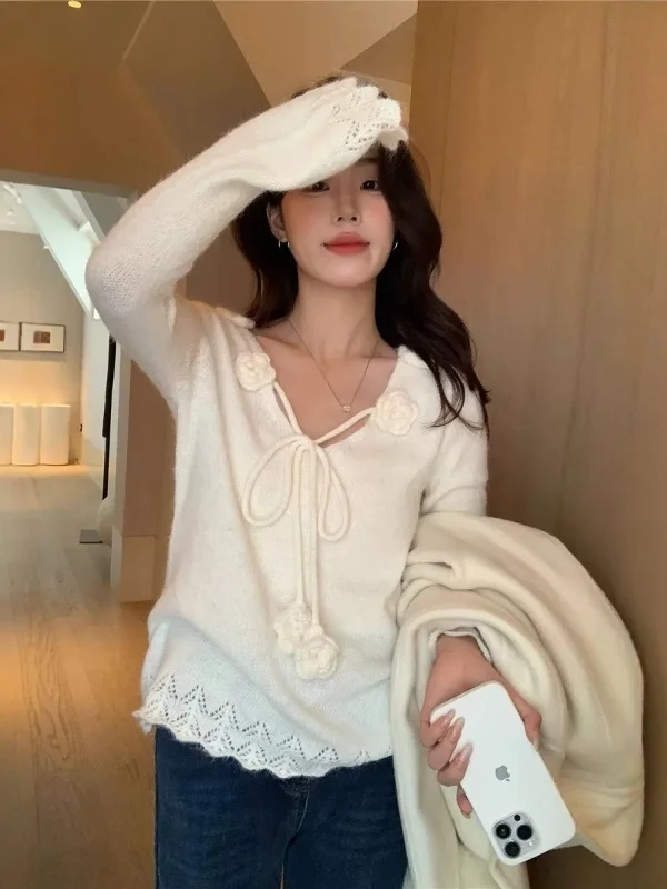 

Korean Sle Long Sve Knitted Sweater Women's Slim Fit V-Ne Overhead Top Floral 3D Print Soft Comfortable Autumn Winter ...