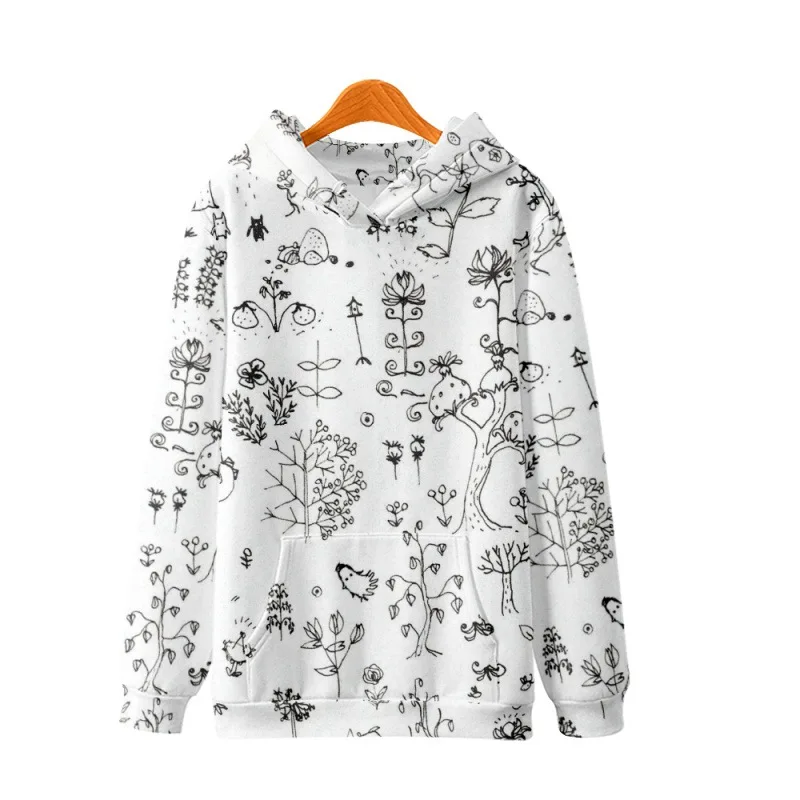 

Autumn Couple Cartoon Floral Drawing Printed White Long Sleeve Pullover Hoodies Casual Men Women Sweatshirt Harajuku Streetwear