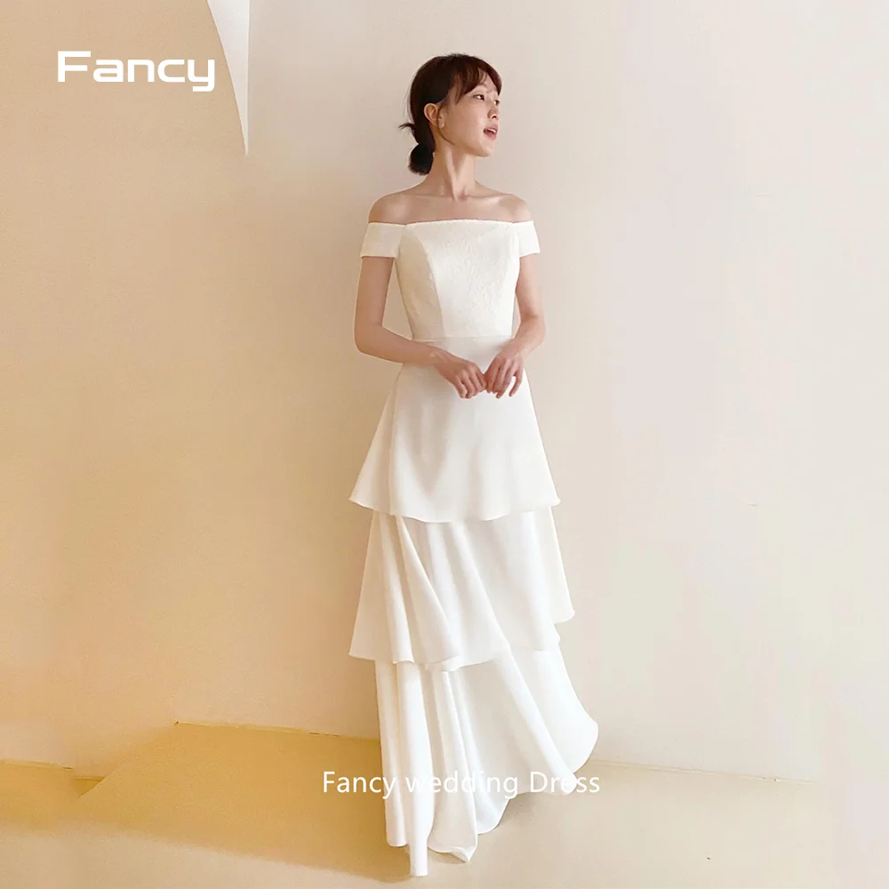 

Fancy Korea Off Shoulder Wedding Dress Photography Short Sleeve Chiffon A Line Bridal Gown Floor Length 웨딩드레스 Custom Made