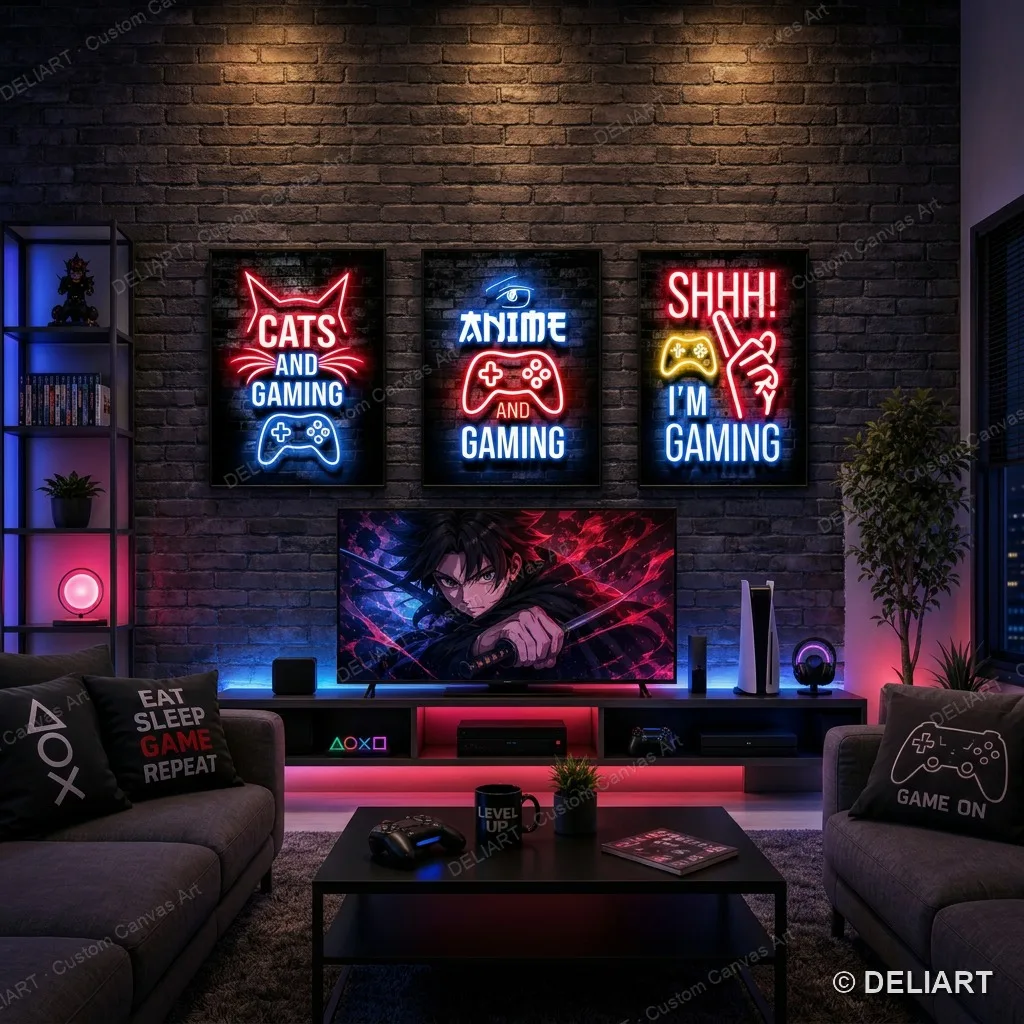 1 & 3 PCS Neon Gaming Quotes Canvas Poster Game Controller Wall Art Gamer Room Bedroom Decor Gift for Gamers Unframed