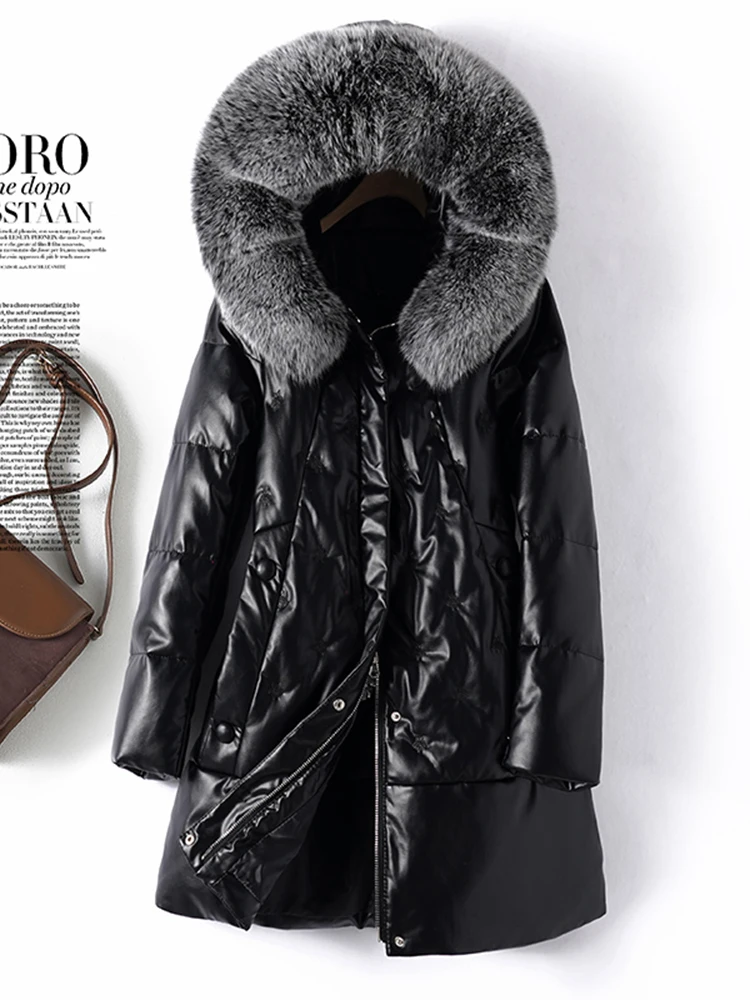   Ning 本革ダウンジャケット レディース ミッドレングス シープスキン ウィンターコート ファートリム フード付き ロングスリーブ スリムフィット