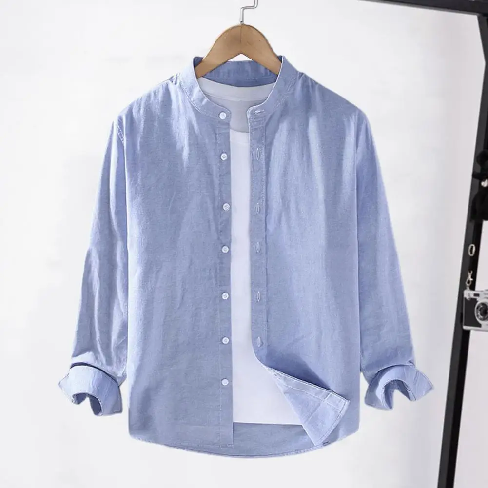 

Solid Color Shirt Stylish Men's Stand Collar Cardigan Loose Fit Soft Fabric Plus Size Options for Spring Fall Men Shirt