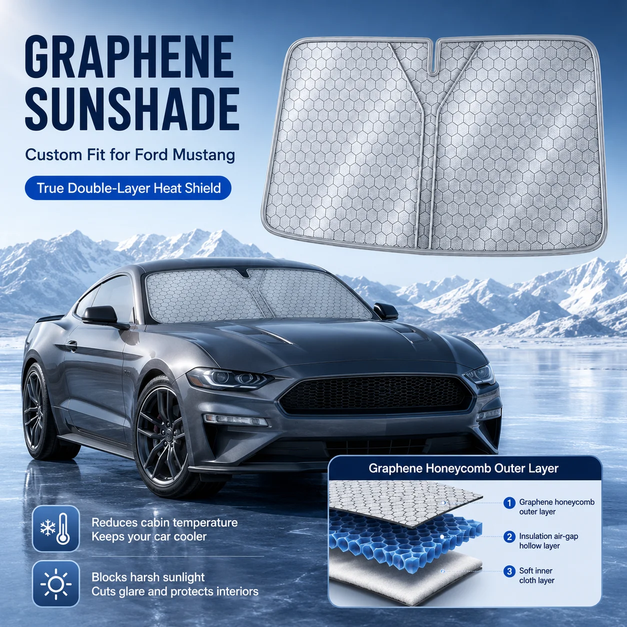 Graphene Windshield Sunshade For Ford Mustang Ecobosst Shelby GT Custom Fit Car Sunshade Sun Protection Auto Accessories