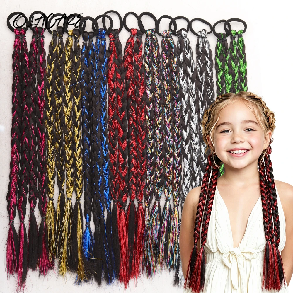 2PCS Synthetic Long Braided Tinsel Ponytail Hair Extensions for Women With Elastic Hair Tie Hair Accessories For Kids Girls