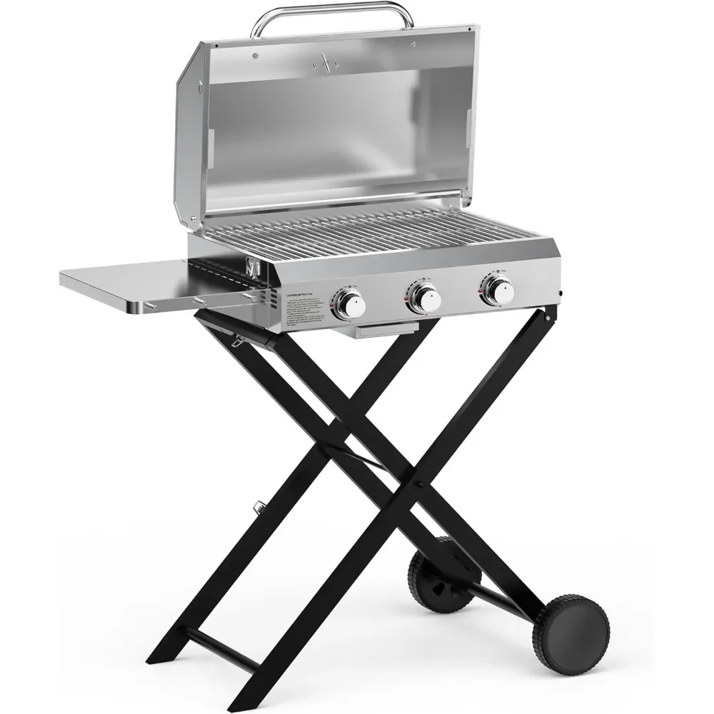 BBQ Gas Grill, 3-Burner Grill with Foldable Cart and Side Table, Portable Propane Grill with Lid for Outdoor Barbecue, RV Trip