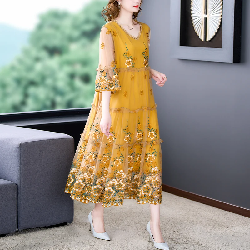 Summer Embroidery Floral Natural Silk Light Midi Dress Women Korean Fashion Light Beach Dress 2024 Elegant 5XL Plus Size Dress