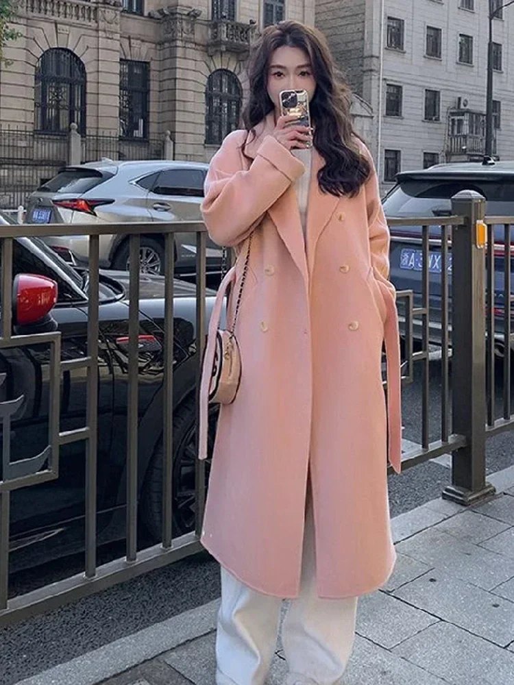 Fashion Long Coat Women Lace Up Full Sleeve Lapel Causal Female Midi Jacket 2024 Spring  Faux Woolen Loose Solid Lady Outwear