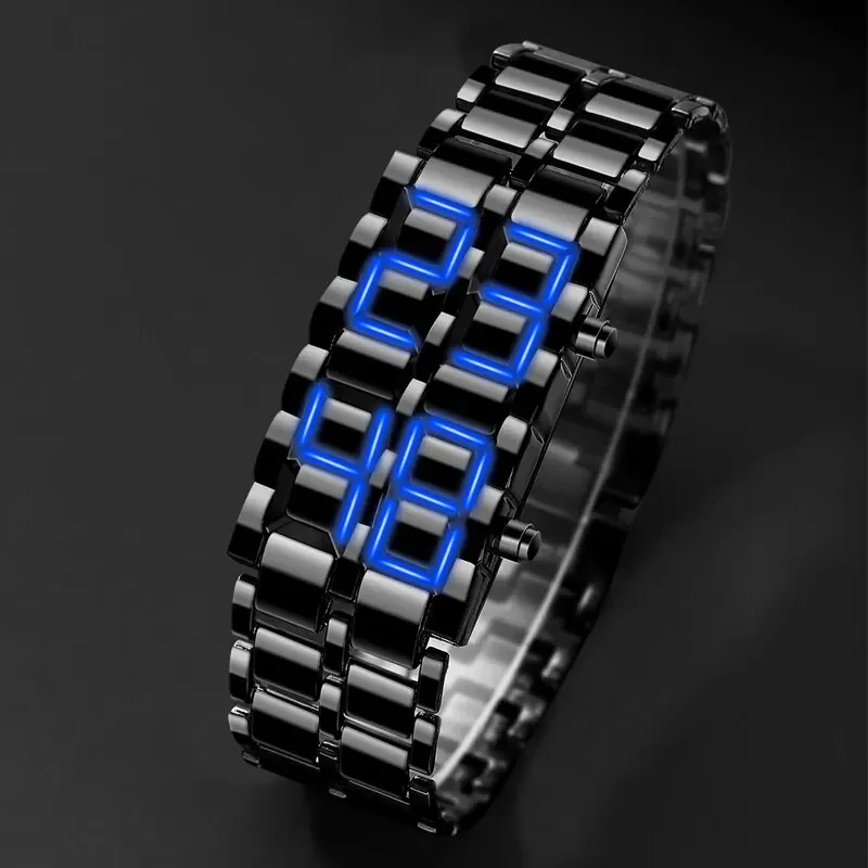 Relógio de pulso digital Lava masculino, metal completo preto, display LED azul, relógios masculinos, presentes para homem, image 2