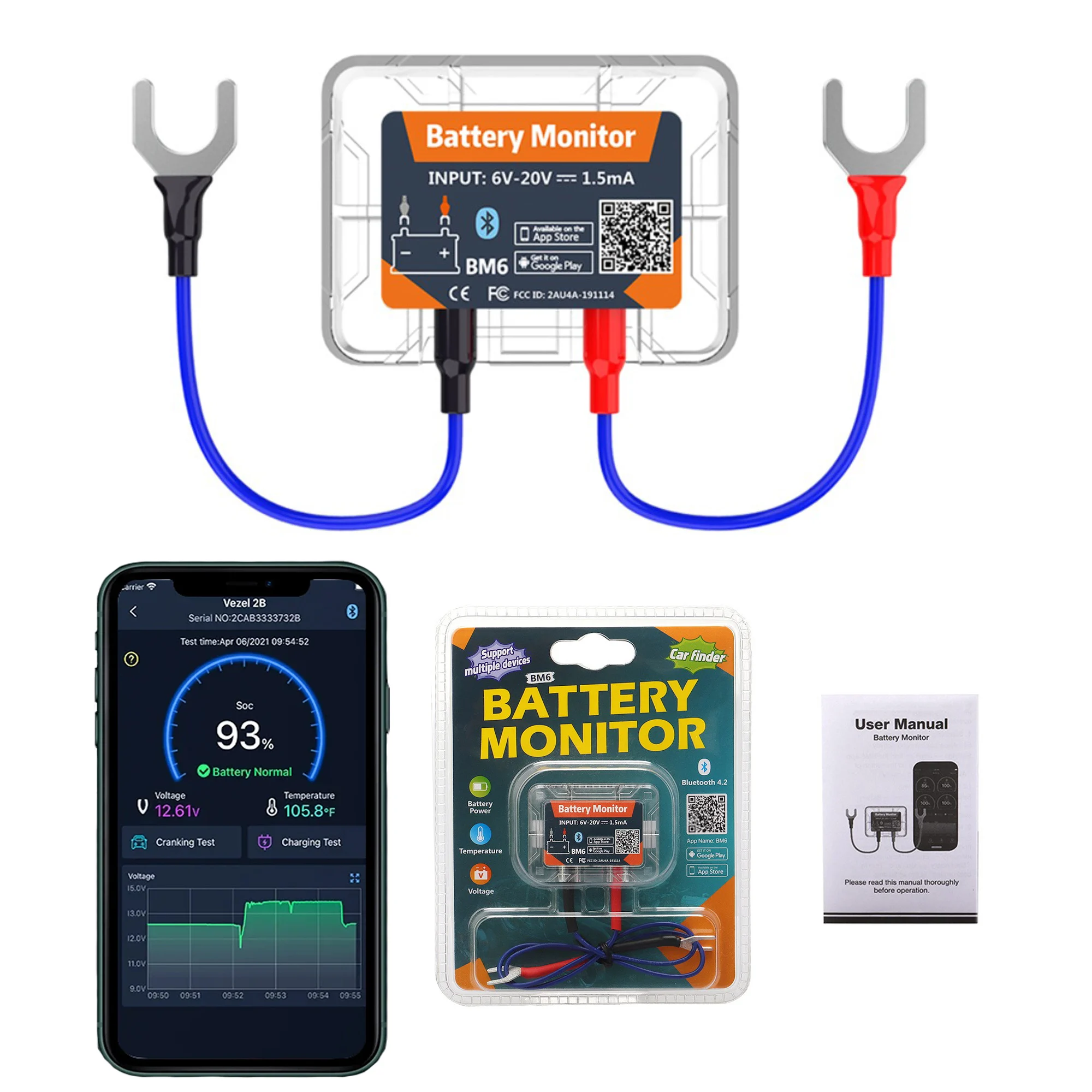 

BM6 Wireless Bluetooth 4.0 12V Battery Monitor Car Battery Tester Battery Starting & Charging Test Fault Diagnosis Instrument