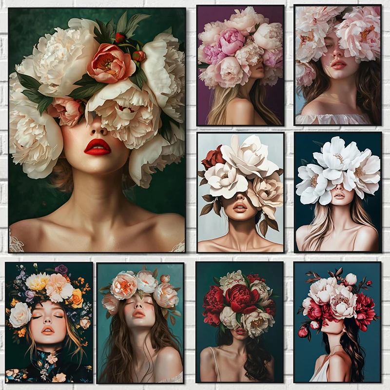 Goddess of Spring Elegant Feminine Woman Minimalist Retro Flower Headcrown Poster Canvas Painting Wall Art Picture Bedroom De