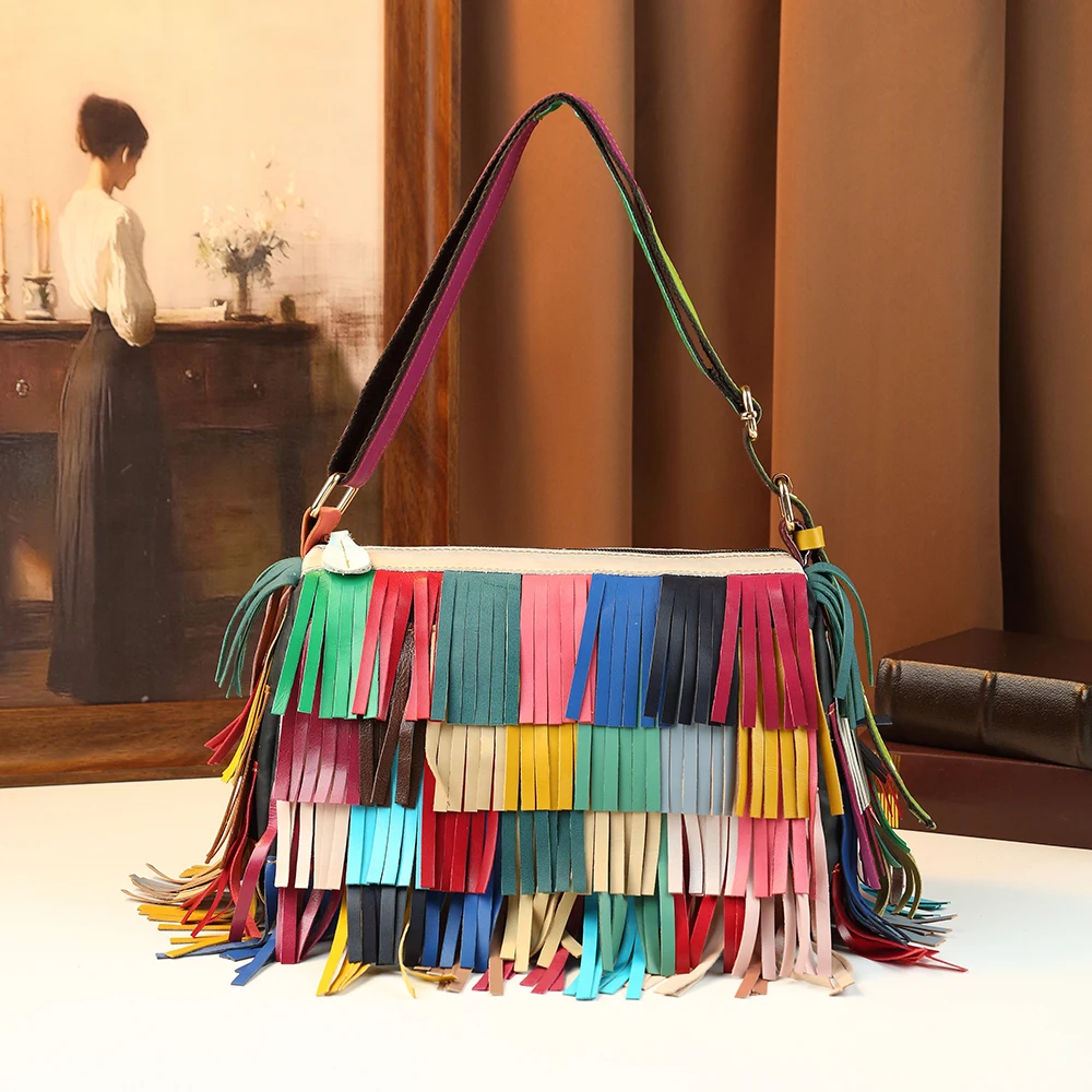 Y2K Colorful Patchwork Tassel Tote Bag Women Real Leather Rainbow Fringe Shoulder Purse Luxury Cowhide Boho Holiday Handbag