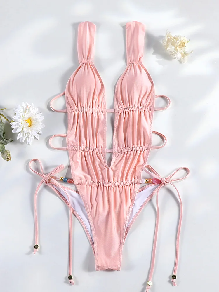 Pink Swimsuit Women 2025 Deep V Swimwear Sexy One Piece Suits Backless Beachwear New Bathing Suit Bandage Bodysuit