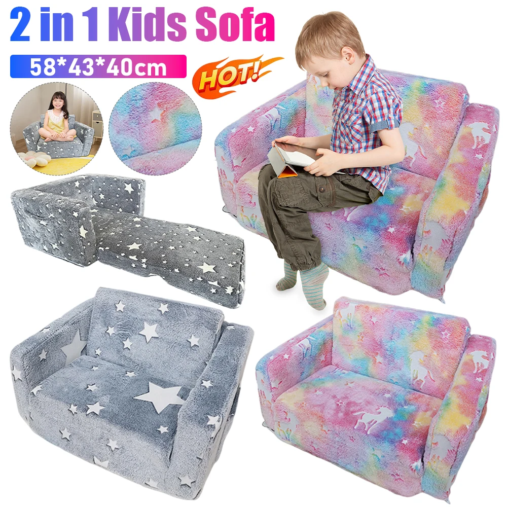 2 in 1 Kids Sofa Chair Comfy Toddler Chair Folding Out Glow in The Dark Extra Soft Open Couch 2-in-1 Toddler Soft Couch Fold Out