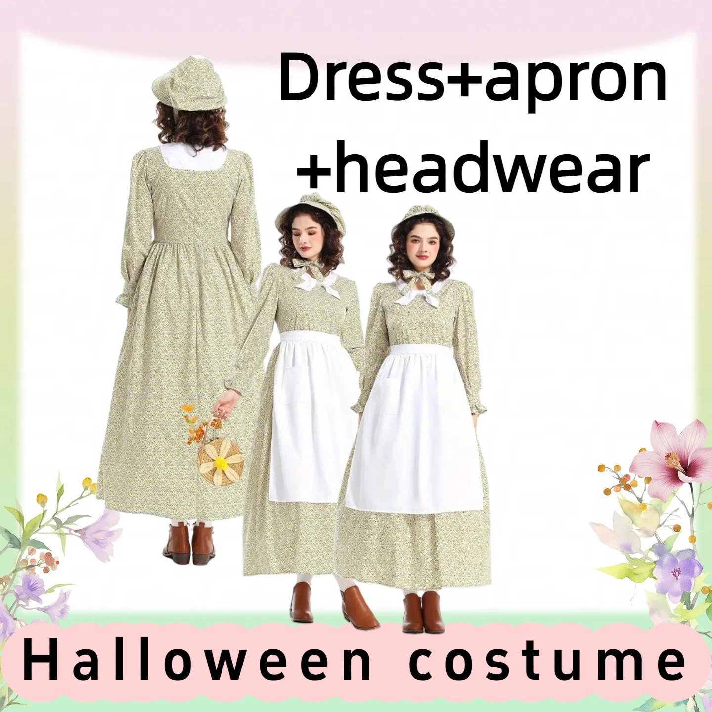 الأزياء والاكسسوارات أزياء الهالوين البراري الاستعماري الأصفر فستان زهري المئزر الرائد زي