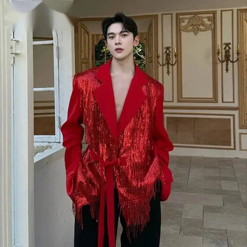 

High-end Luxury Sequin Tassel Decoration Men's Suit Jacket Turn Down Collar Tie Up Waist Formal Coat Spring New 9X7049