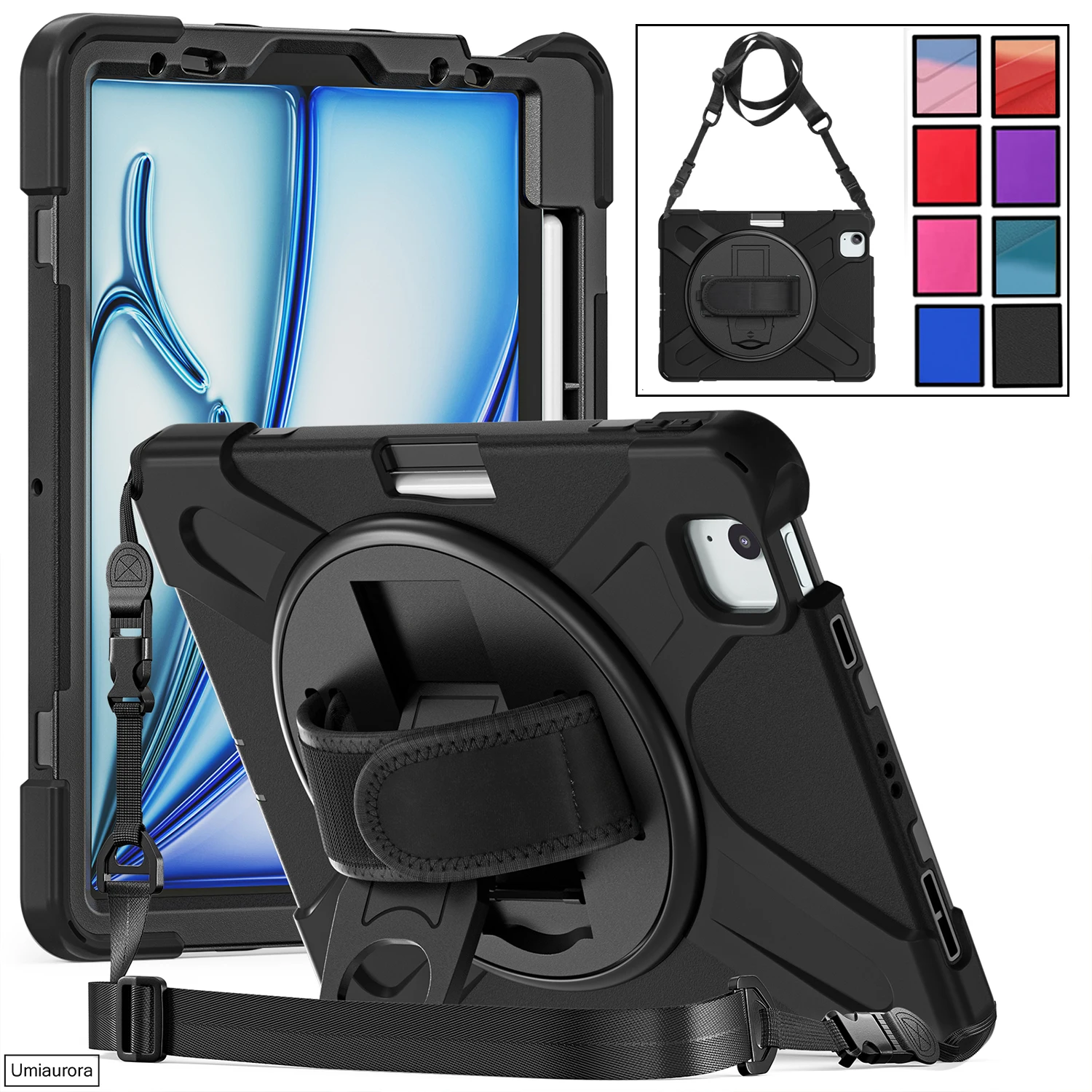 

For IPad Mini 8.3" A17 Pro 12.9 Air 10.9 11 13 inch M2 M3 M4 Shockproof Hand Strap Stand Pencil Holder Tablet Case Rugged Funda