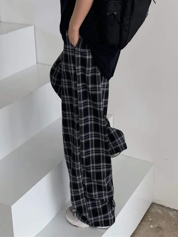 ZOKI – pantalon à carreaux pour femmes, décontracté, noir, surdimensionné, ample, jambes larges, rétro, adolescent, Harajuku, Hip Hop, Streetwear