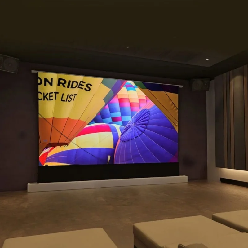 Layar Proyeksi Listrik Naik Lantai 100 ''-150'' Bahan Transparan Akustik Berlubang Anticahaya 4K HD Home Cinema