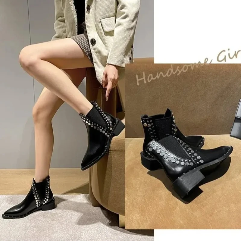 

Luxury Designer Shoes Gothic Women's Boots Sexy Pointed Toe Punk Style Rivet-decorated Knight Boot Fashion Ankle Boots for Women