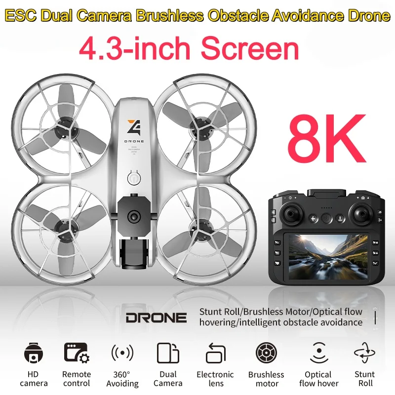 8K ESC Dual Camera Dron Brushless Quadcopter Intelligent Obstacle Avoidance Screen Drone 4.3-inch Large Screen Drone Aircraft