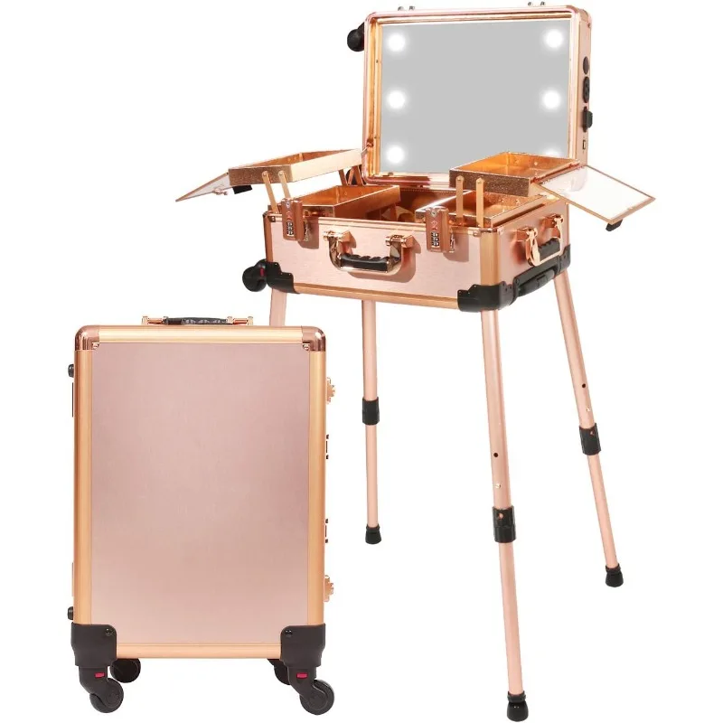 Medium Makeup Train Case with Code Lock,Lighted Mirror,Speaker Travel Cosmetic Organizer Box,Professional Artist Trolley Studio