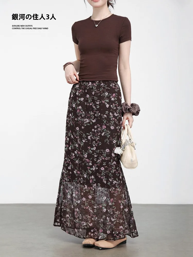 

Slim Fit Floral Print Short Sleeve T-Shirt And High Waist Skirt Set Women's Summer Fashion Casual Wear Brown Vintage Style