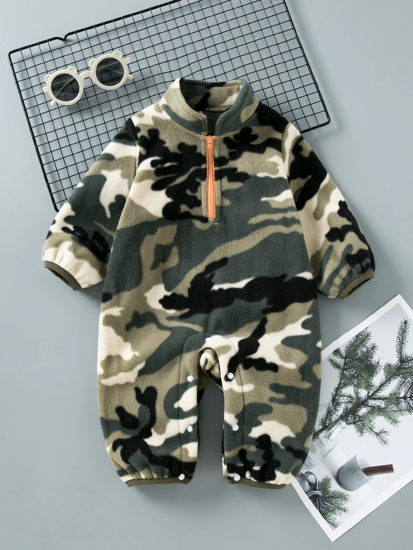 Baby Romper Camouflage Fleece Half Zip Orange Accent Winter Cozy Jumpsuit Newborn Boy Long Sleeve Warm Onesie Outfit