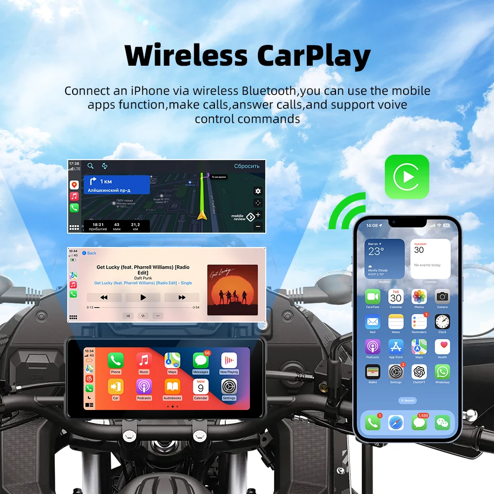 EVKEY -Carplay sans fil pour moto, GPS, Navi, Android, Auto, Avant, Arrière, Touriste, Bluetooth, Caméra, Enregistreur, 7.0