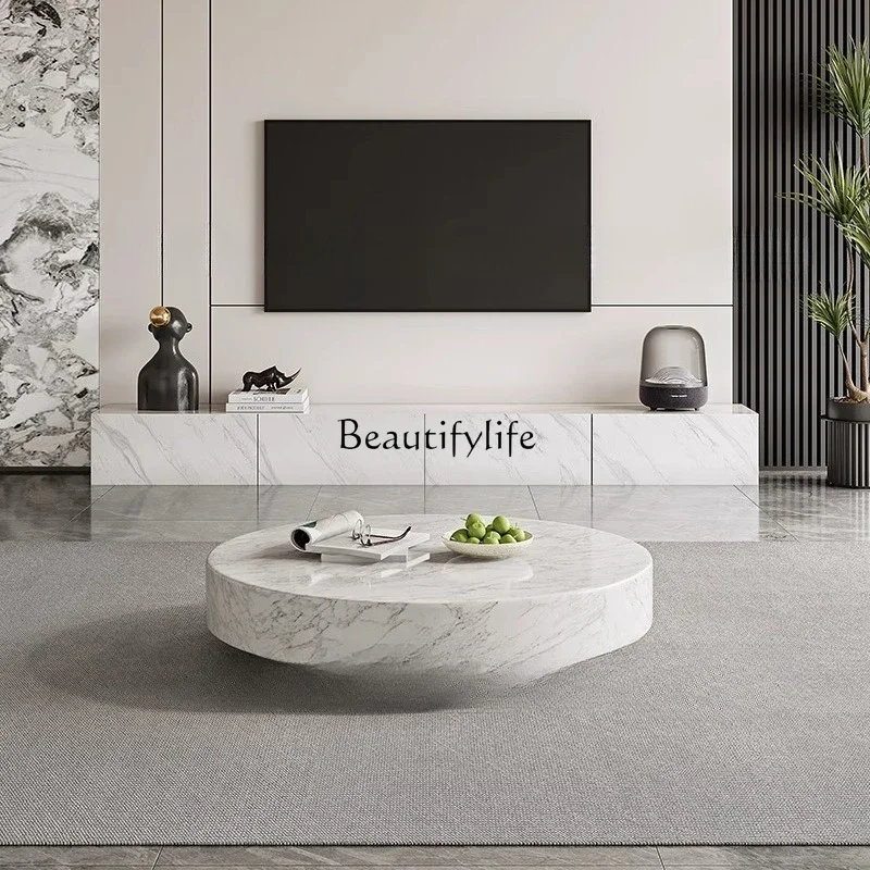 

yj5 Marble coffee table Italian minimalist light luxury modern living room household light French cream style round large tea ta