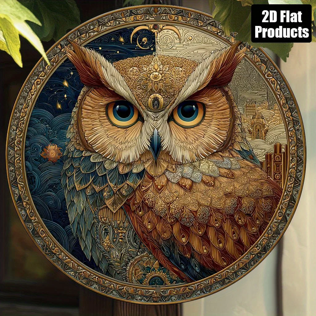 2D flach, 1 Stück Vintage-Eule, rundes Aluminium-Wandkunstschild, 20,3 x 20,3 cm – komplizierte Eule und florales himmlisches Design, langlebig für den Innen- und Außenbereich