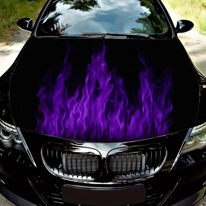 

Colorful purple flame pattern car hood sticker, dynamic wave flame cover decorative sticker, high contrast black background