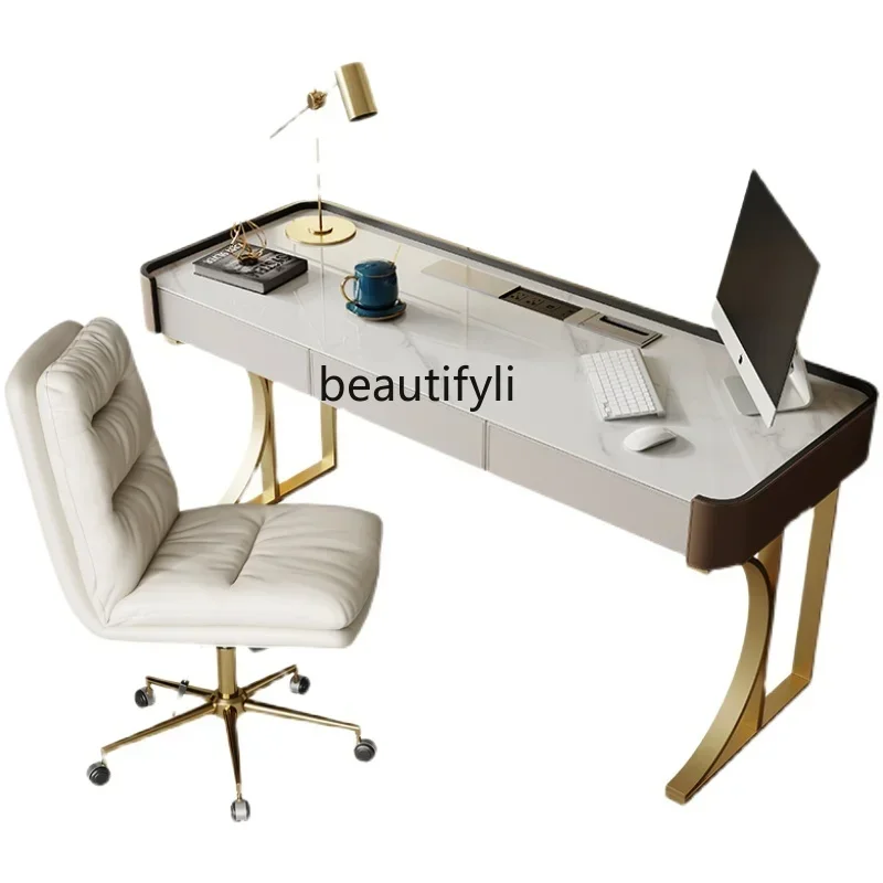 

Stone Plate Desk Saddle Leather Desk High-End Affordable Luxury Study Desk Design Sense Learning Home Table and Chair