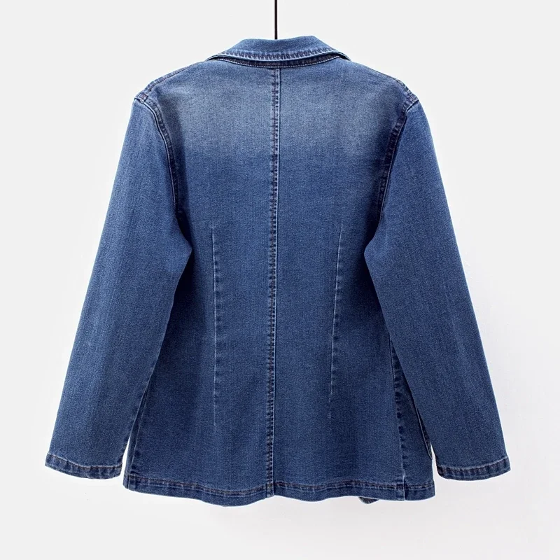 Vintage Blau Dünne Kurze Anzug Kragen Denim Jacke Mantel Frauen Koreanische Cowboy Oberbekleidung Große Tasche Langarm Jeans Jacke Weibliche