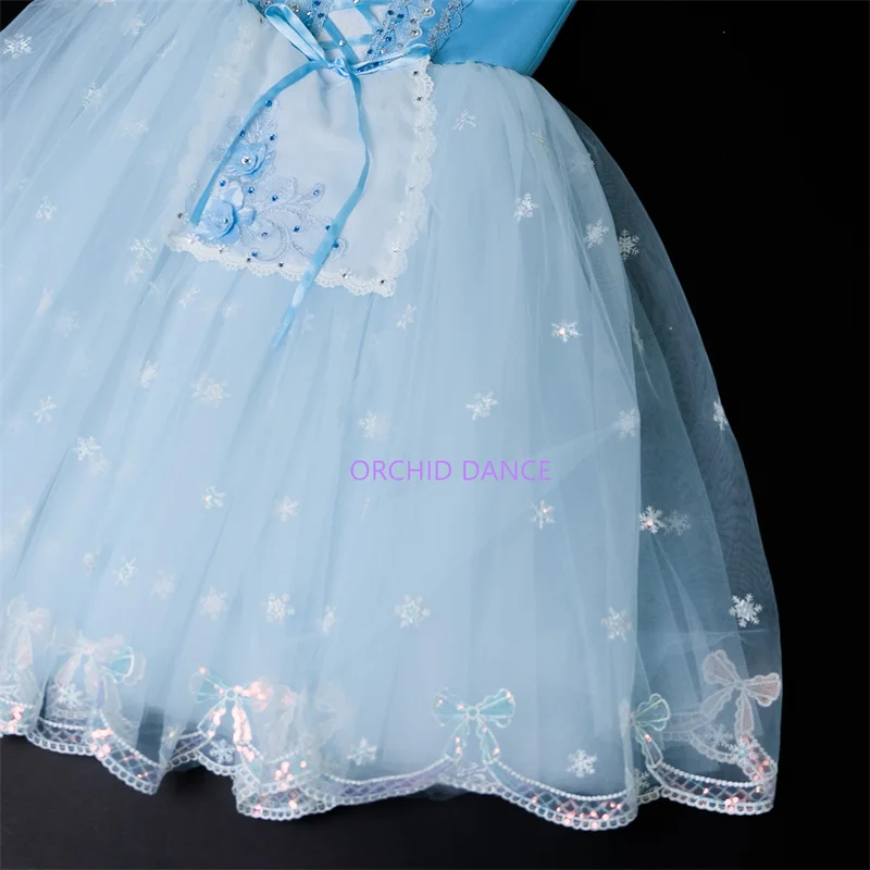 Fancy Professional Custom Size Kids Girls Peasant Gilsay Ballet Dance Performance Wear Costumes Long Blue Romantic Tutu Dress