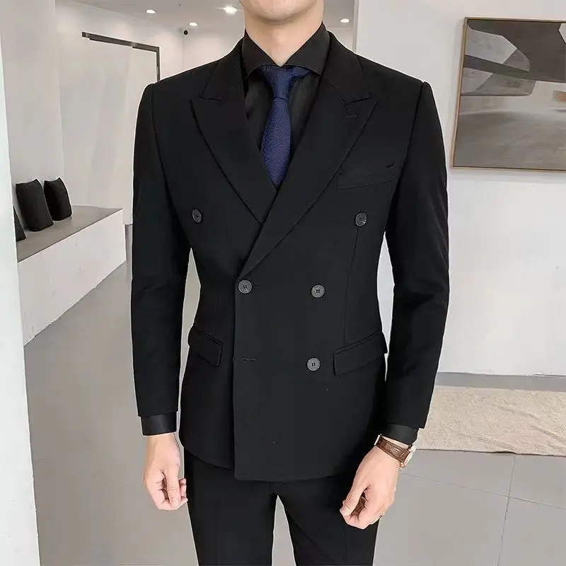 Men's Double-Breasted Suit Jacket Korean Style Slim Fit Trendy Casual Groom Full Set / Single Piece Formal Wear