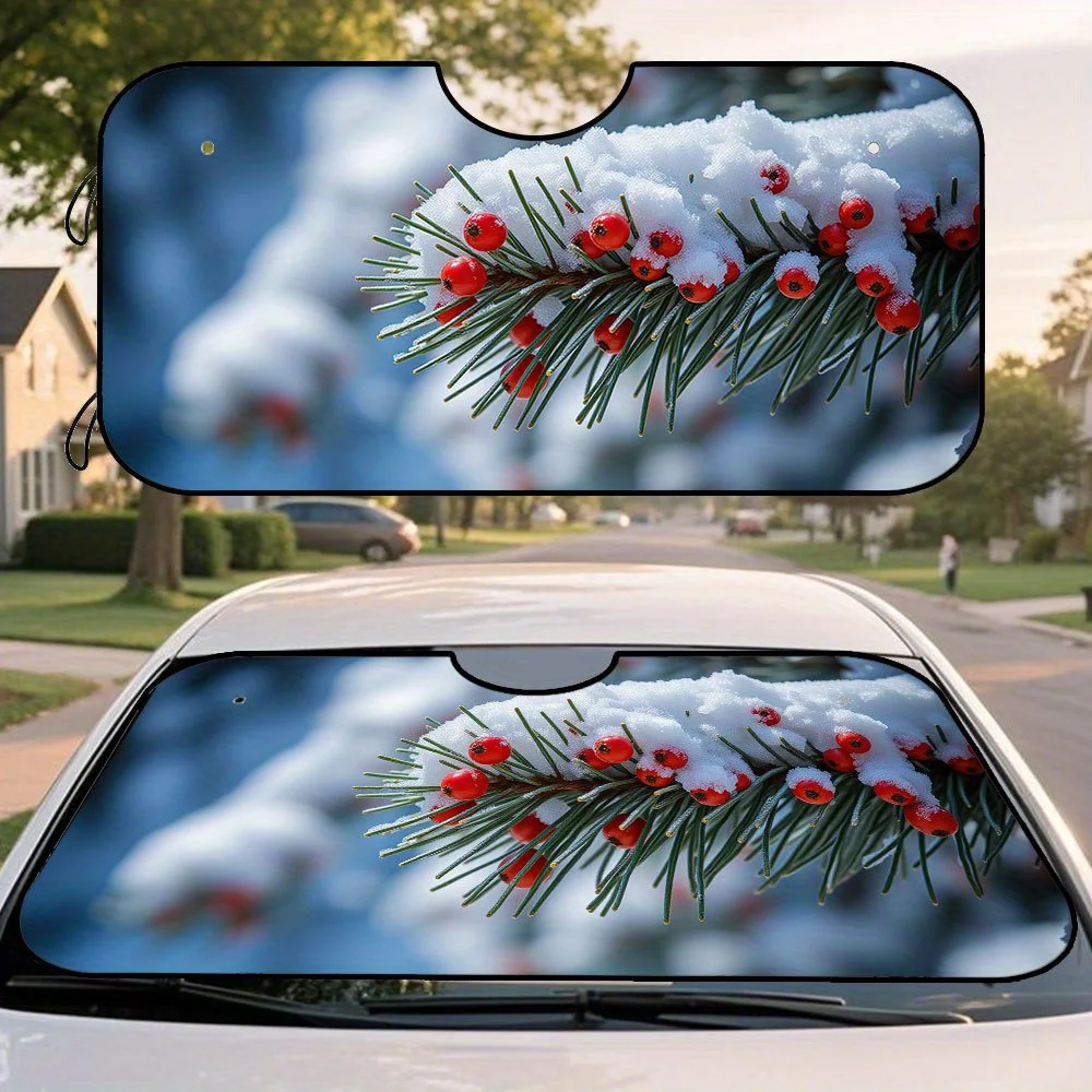 1pc, Car Front Sunshade Featuring Winter Berries Snow Branch Print, Fast Mount Suction Cups Included, Fits Urban Travel, Daily E