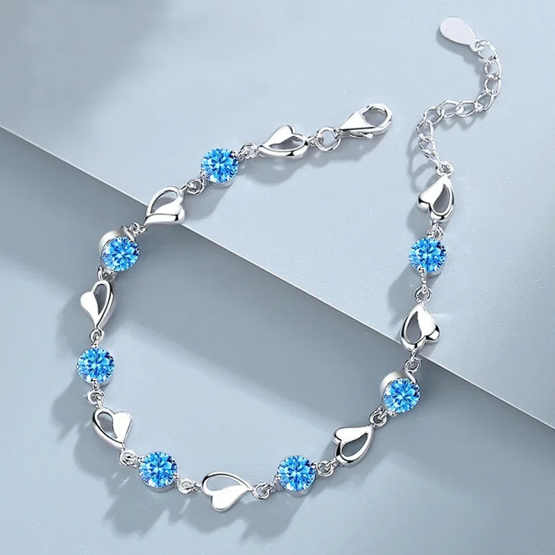 925 Sterling Silver Heart Shaped Zircon Bracelet For Women Retro Korean Blue Crystal Charm Bracelets Original Party Jewelry Gift