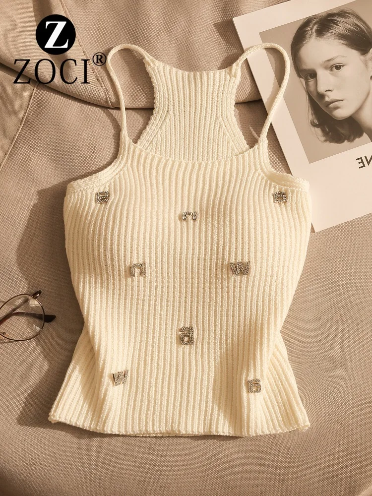 

[ZOCI] French style unique chic diamond studded camisole tank top hot girls summer, a concealed breast knitted