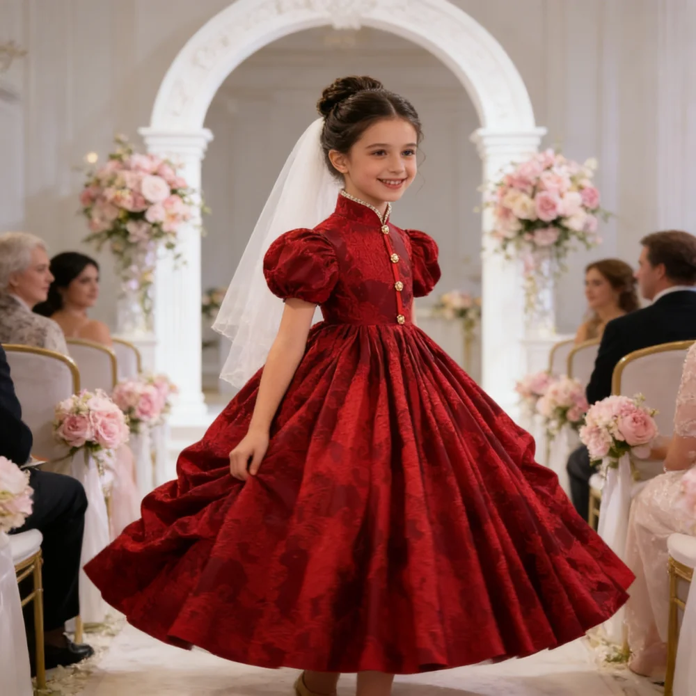 2026 Elegant Girl Dresses New Puff Sleeves Long Ball Gowns Floral Red Dress Children Eids InfantGirls VintageYears Kid Clothes