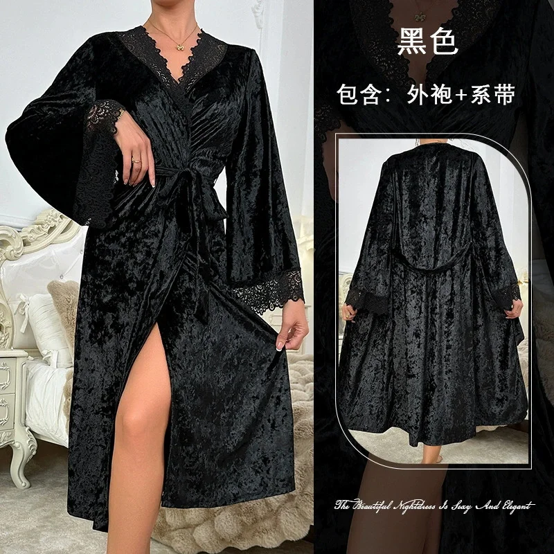 Spring New Female Black Robe Loungewear Sexy Lace Trim Kimono Bathrobe Gown  Lingerie Loose Velour Home Dressing Gown Sleep Wear - AliExpress
