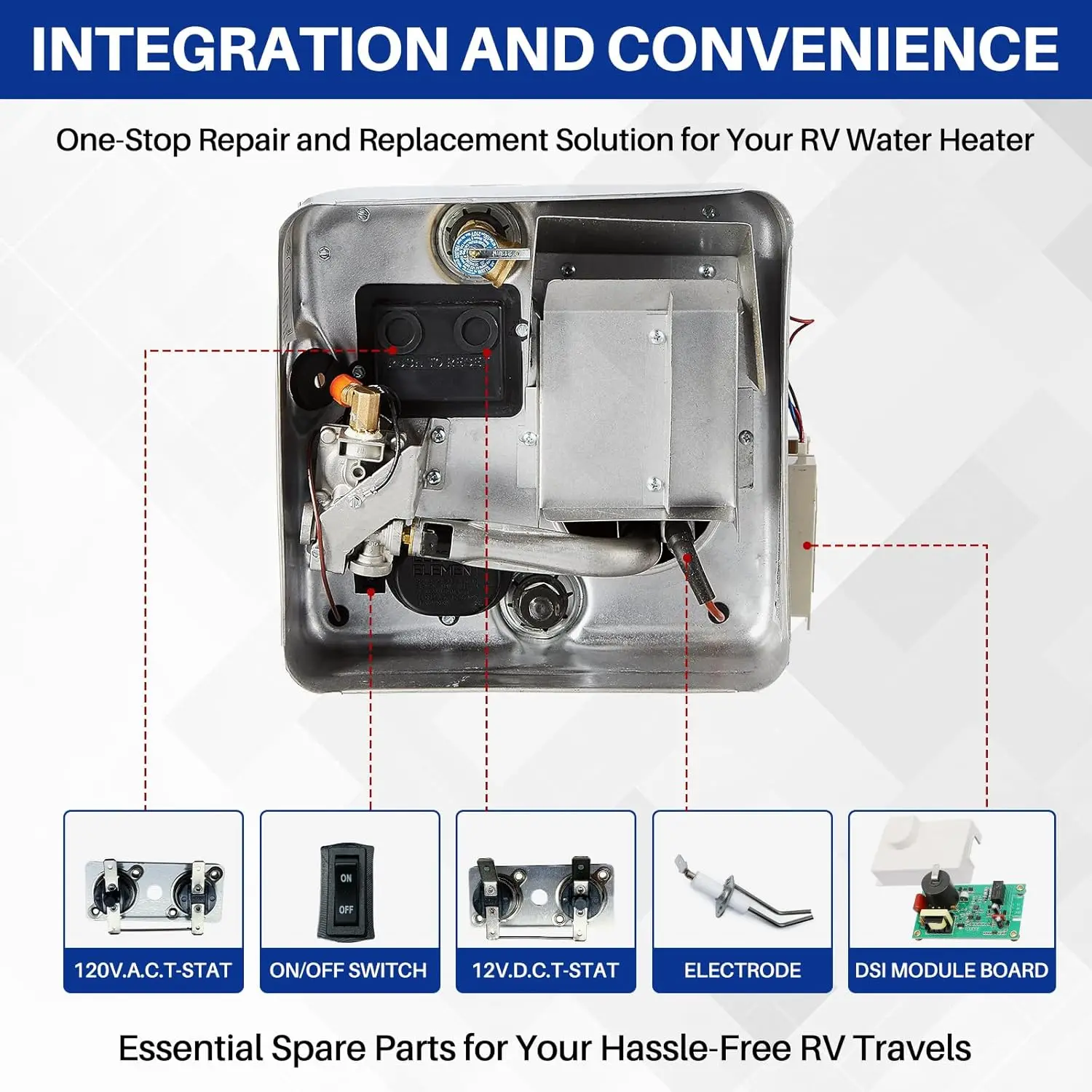

5-in-1 Suburban RV Water Heater Spare Kit | 520814 Circuit Board, 232306 T-STAT, 232282 E.C.O Switch, 232258 Igniter Electrode, 232362 Electric Element Switch