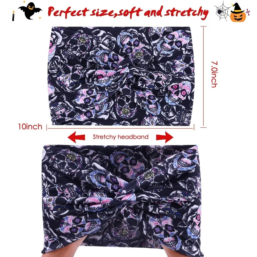 6 عبوات من عصابات رأس الهالوين للنساء، عصابات رأس على شكل جمجمة، أربطة شعر واسعة للعطلات، مثالية للحفلات التنكرية #2