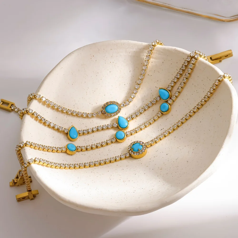 2026 New Stainless Steel Turquoise Charm Tennis Bracelet For Women Men Anti-rust Sleeping Beauty Cuban Chain Cuff Bangle Jewelry view 3