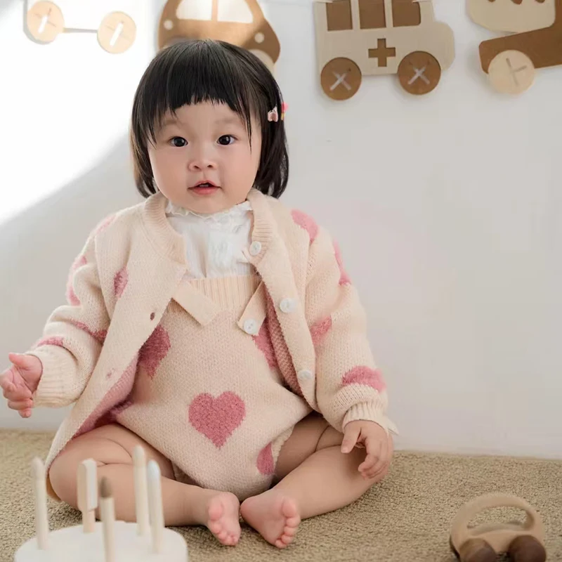 Autumn Toddler Baby Girls Clothes Knit Suit Winter Long Sleeved Knitted Embroidered Cardigan+Jumpsuit Children Knitted Clothing